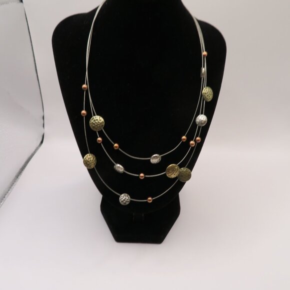 Floating Wire Gold Silver Tone Hammered Discs and Beads Necklace - Picture 2 of 6
